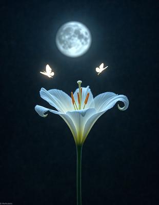 The primary subject of the image is a white flower with a yellow center, which is the main focus of the scene. The flower is located in a dark environment, with a moon visible in the background. The visual style of the image is a combination of photo and digital art, creating a unique and artistic representation of the flower. The dominant colors in the image are white and yellow, with the dark background adding a sense of depth and contrast to the overall atmosphere.